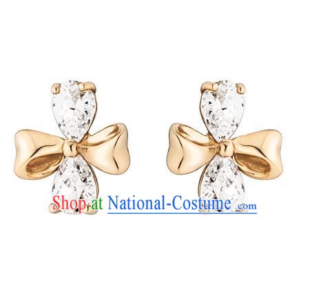 Traditional Korean Accessories 14K Gold Crystal Bowknot Earrings for Women