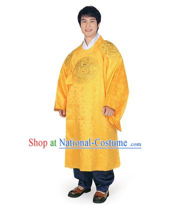 Korean National Traditional Handmade Wedding Embroidery Hanbok Costume, Asian Korean Palace Bridegroom Yellow Dragon Robe for Men