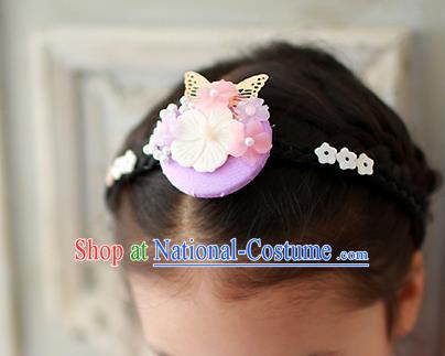 Traditional Korean Hair Accessories Shell Butterfly Flowers Hair Clasp, Asian Korean Hanbok Fashion Headwear Rosy Headband for Kids