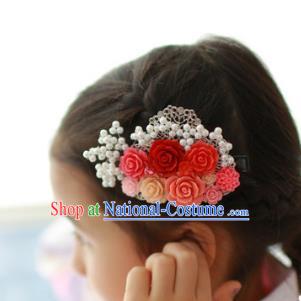 Traditional Korean Hair Accessories Red Flowers Hair Claw, Asian Korean Hanbok Fashion Headwear Hair Stick for Kids