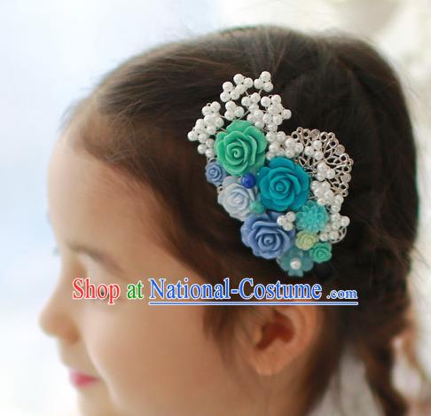 Traditional Korean Hair Accessories Blue Flowers Hair Claw, Asian Korean Hanbok Fashion Headwear Hair Stick for Kids