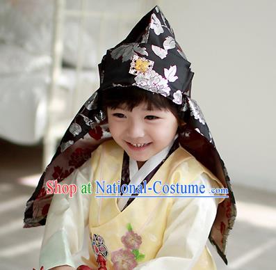 Traditional Korean Hair Accessories Prince Embroidered Black Hats, Asian Korean Fashion Headwear for Boys