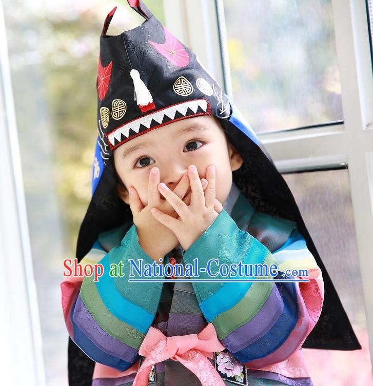 Traditional Korean Hair Accessories Prince Embroidered Black Hats, Asian Korean Fashion Headwear for Boys