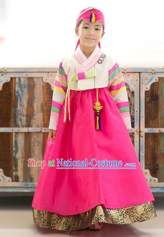 Asian Korean National Traditional Handmade Formal Occasions Girls Embroidery Hanbok Costume White Blouse and Rosy Dress Complete Set for Kids