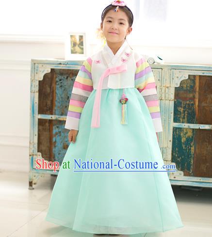 Asian Korean National Traditional Handmade Formal Occasions Girls Embroidery Hanbok Costume White Blouse and Green Dress Complete Set for Kids