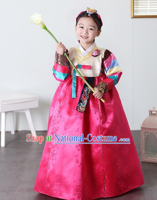 Asian Korean National Traditional Handmade Formal Occasions Girls Embroidery Hanbok Costume Yellow Blouse and Rosy Dress Complete Set for Kids