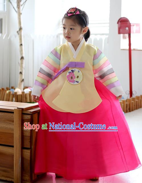 Asian Korean National Traditional Handmade Formal Occasions Girls Embroidery Hanbok Costume Yellow Blouse and Pink Dress Complete Set for Kids