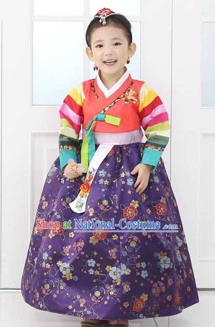 Asian Korean National Traditional Handmade Formal Occasions Girls Embroidery Hanbok Costume Red Blouse and Purple Dress Complete Set for Kids