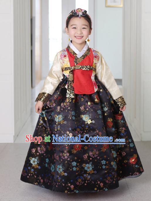 Asian Korean National Traditional Handmade Formal Occasions Girls Embroidery Hanbok Costume Red Blouse and Black Dress Complete Set for Kids