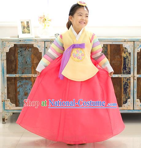 Asian Korean National Traditional Handmade Formal Occasions Girls Embroidery Hanbok Costume Yellow Blouse and Red Dress Complete Set for Kids