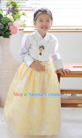 Asian Korean National Traditional Handmade Formal Occasions Girls Embroidery Hanbok Costume White Blouse and Yellow Dress Complete Set for Kids