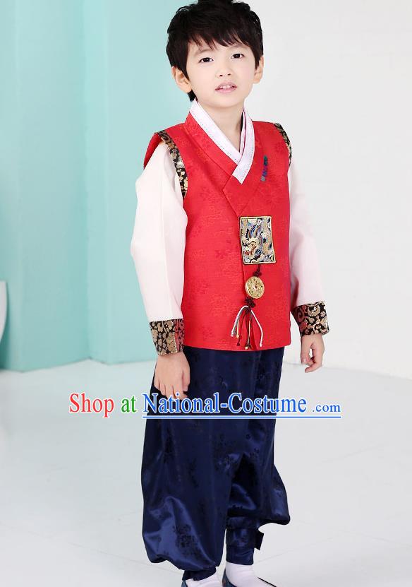 Asian Korean National Traditional Handmade Formal Occasions Boys Embroidery Red Hanbok Costume Complete Set for Kids