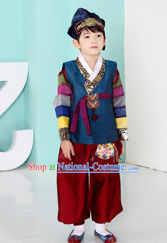 Asian Korean National Traditional Handmade Formal Occasions Boys Embroidery Blue Hanbok Costume Complete Set for Kids