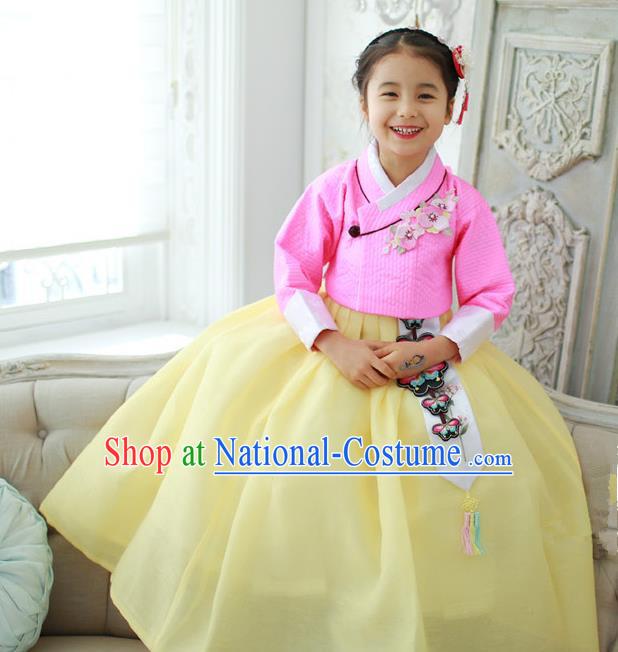 Korean National Handmade Formal Occasions Girls Embroidery Hanbok Costume Pink Blouse and Yellow Dress Complete Set for Kids