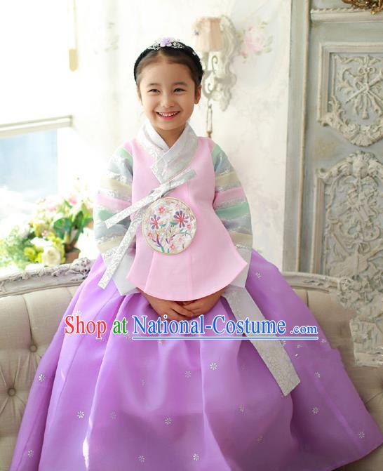 Korean National Handmade Formal Occasions Girls Embroidery Hanbok Costume Pink Blouse and Purple Dress Complete Set for Kids