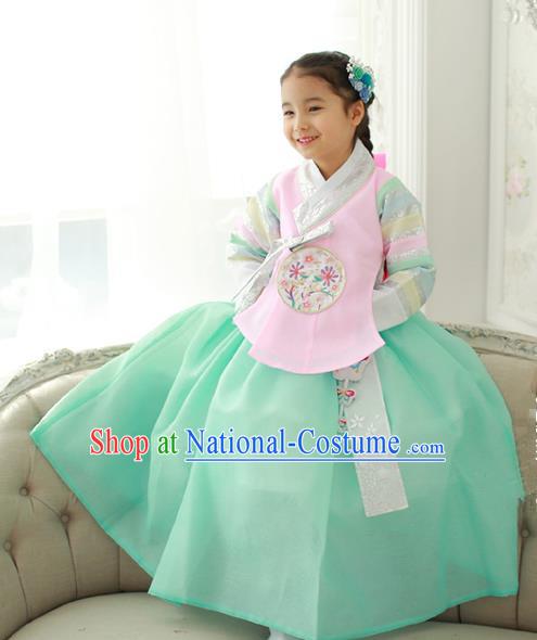 Korean National Handmade Formal Occasions Girls Embroidery Hanbok Costume Pink Blouse and Green Dress Complete Set for Kids