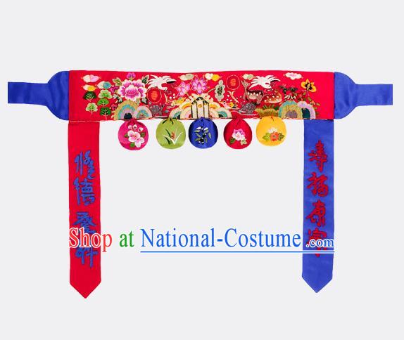 Traditional Korean Accessories Embroidered Flowers Red Waist Belts, Asian Korean Fashion Hanbok Waistband Decorations for Kids