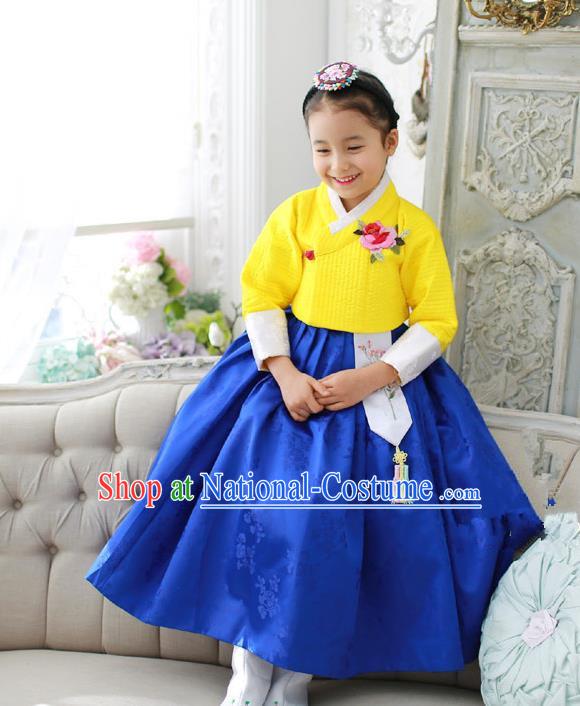 Korean National Handmade Formal Occasions Girls Embroidery Hanbok Costume Yellow Blouse and Blue Dress Complete Set for Kids