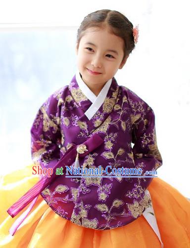 Korean National Handmade Formal Occasions Girls Embroidery Hanbok Costume Purple Blouse for Kids