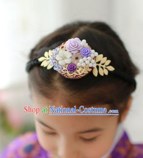 Traditional Korean Hair Accessories Purple Flower Hair Clasp, Asian Korean Hanbok Fashion Headwear Hanbok Headband for Kids