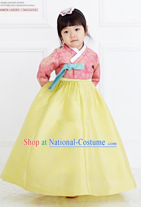 Traditional Korean National Handmade Formal Occasions Girls Hanbok Costume Embroidered Pink Blouse and Yellow Dress for Kids