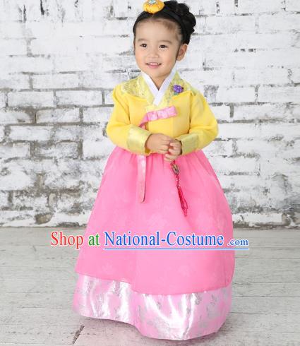 Traditional Korean National Handmade Formal Occasions Girls Hanbok Costume Embroidered Yellow Blouse and Pink Dress for Kids