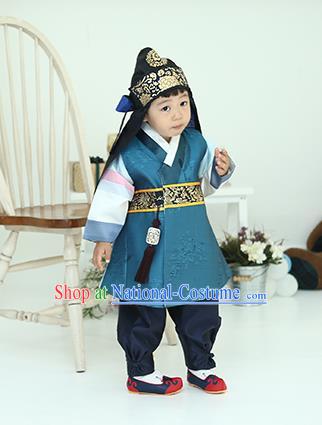 Asian Korean National Traditional Handmade Formal Occasions Boys Embroidery Blue Hanbok Costume Complete Set for Kids