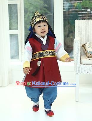 Asian Korean National Traditional Handmade Formal Occasions Boys Embroidery Red Hanbok Costume Complete Set for Kids