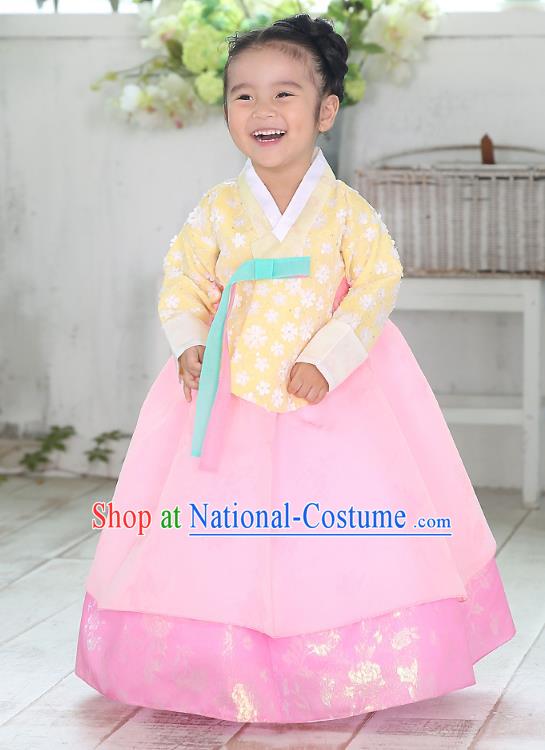 Traditional Korean National Handmade Formal Occasions Girls Palace Hanbok Costume Embroidered Yellow Blouse and Pink Dress for Kids