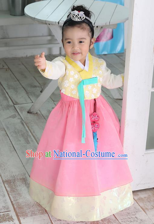 Traditional Korean National Handmade Formal Occasions Embroidered Yellow Blouse and Pink Dress Girls Palace Hanbok Costume for Kids