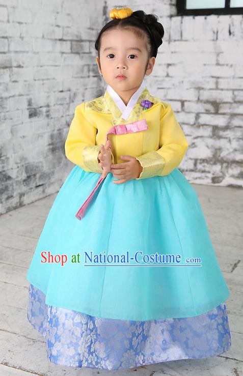 Traditional Korean National Handmade Formal Occasions Embroidered Yellow Blouse and Blue Dress Girls Palace Hanbok Costume for Kids