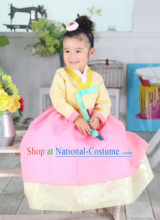 Traditional Korean National Handmade Formal Occasions Embroidered Yellow Blouse and Pink Dress Girls Palace Hanbok Costume for Kids