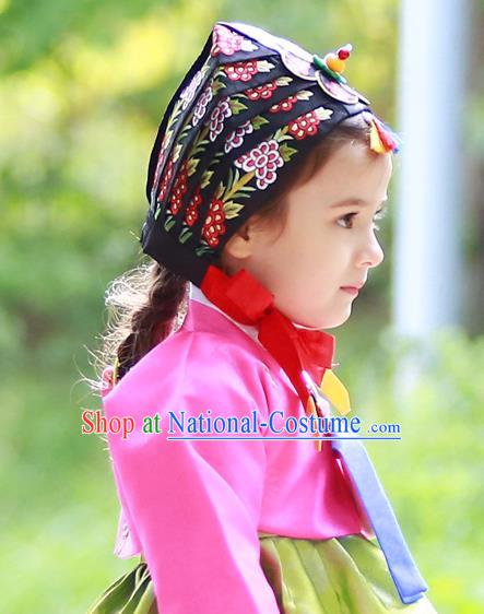 Traditional Korean National Hair Accessories Bride Embroidered Black Hats, Asian Korean Fashion Hanbok Headwear for Girls