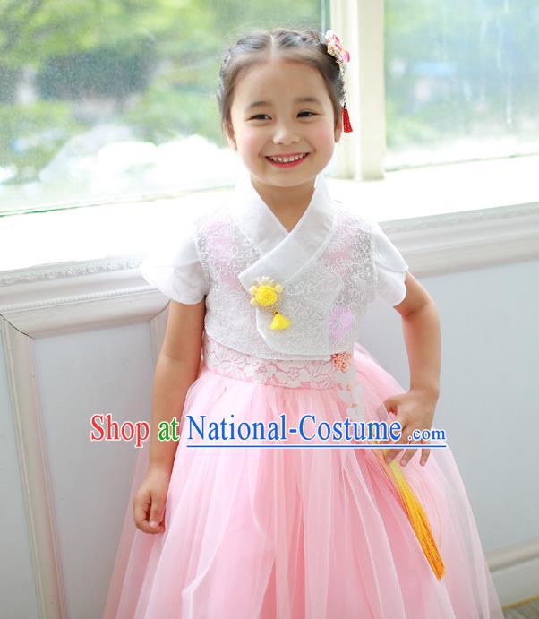 Korean National Handmade Formal Occasions Embroidered White Blouse and Pink Dress, Asian Korean Girls Palace Hanbok Costume for Kids