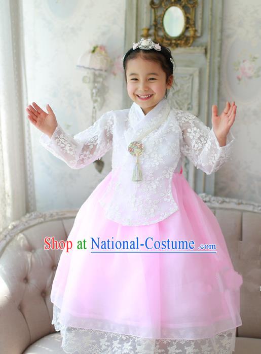 Korean National Handmade Formal Occasions Embroidered White Lace Blouse and Pink Dress, Asian Korean Girls Palace Hanbok Costume for Kids