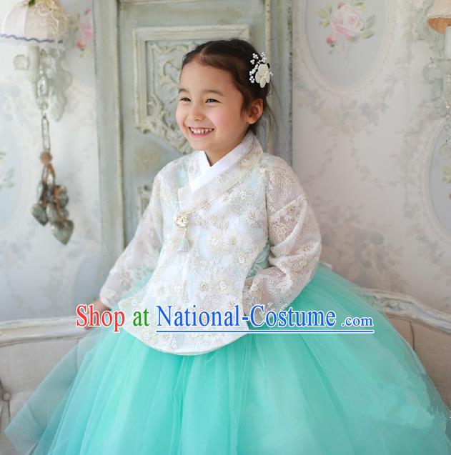 Korean National Handmade Formal Occasions Embroidered White Lace Blouse and Green Dress, Asian Korean Girls Palace Hanbok Costume for Kids