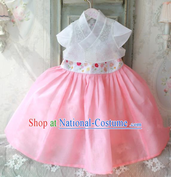 Korean National Handmade Formal Occasions Embroidered White Lace Blouse and Pink Dress, Asian Korean Girls Palace Hanbok Costume for Kids