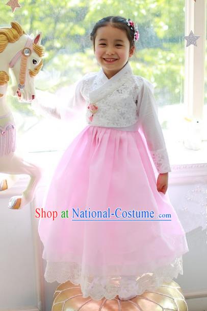 Korean National Handmade Formal Occasions Embroidered White Blouse and Pink Lace Dress, Asian Korean Girls Palace Hanbok Costume for Kids