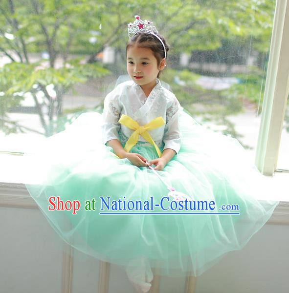 Korean National Handmade Formal Occasions Embroidered White Blouse and Green Veil Dress, Asian Korean Girls Palace Hanbok Costume for Kids