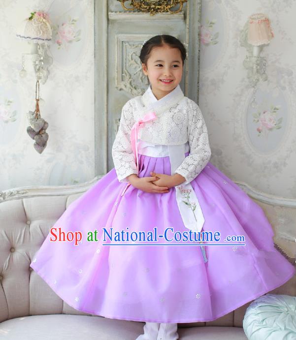 Korean National Handmade Formal Occasions Embroidered White Lace Blouse and Purple Veil Dress, Asian Korean Girls Palace Hanbok Costume for Kids