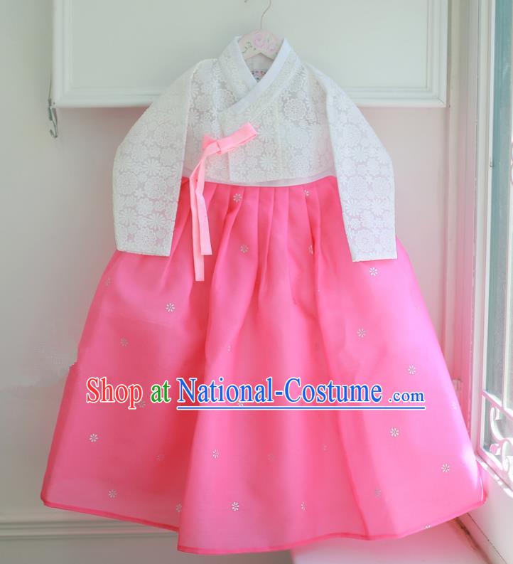 Korean National Handmade Formal Occasions Embroidered White Lace Blouse and Pink Dress, Asian Korean Girls Palace Hanbok Costume for Kids