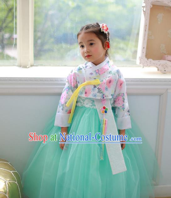 Korean National Handmade Formal Occasions Printing Blouse and Green Veil Dress, Asian Korean Girls Palace Hanbok Costume for Kids