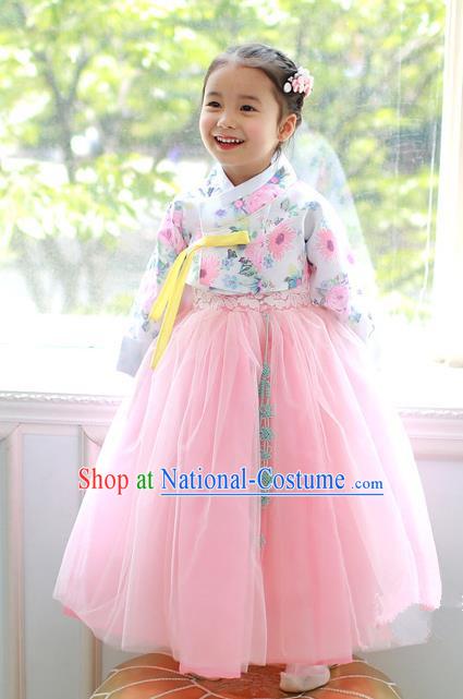 Korean National Handmade Formal Occasions Printing Blouse and Pink Veil Dress, Asian Korean Girls Palace Hanbok Costume for Kids