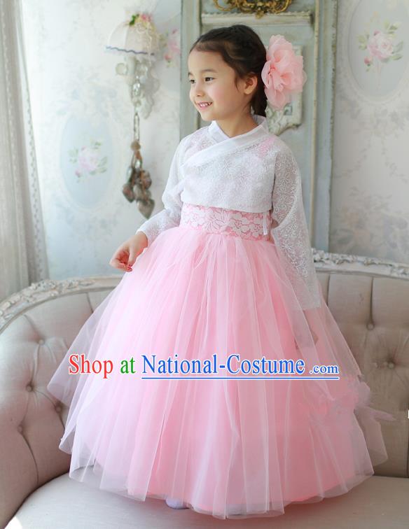 Korean National Handmade Formal Occasions White Lace Blouse and Pink Veil Dress, Asian Korean Girls Palace Hanbok Costume for Kids