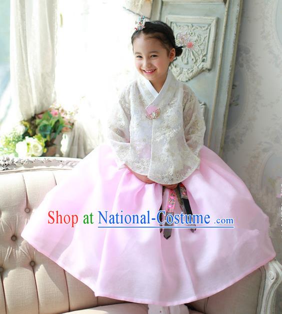 Korean National Handmade Formal Occasions White Embroidered Blouse and Pink Dress, Asian Korean Girls Palace Hanbok Costume for Kids