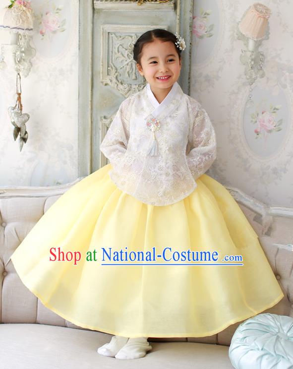 Korean National Handmade Formal Occasions White Embroidered Blouse and Yellow Dress, Asian Korean Girls Palace Hanbok Costume for Kids