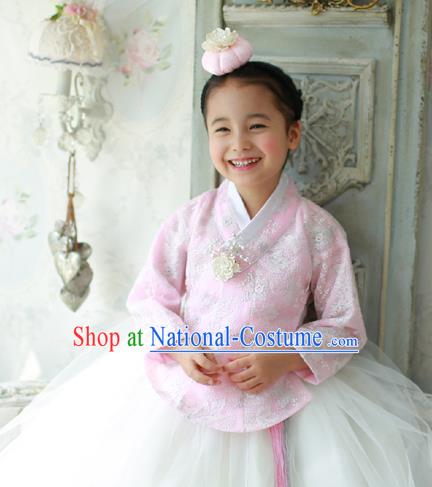 Traditional Korean National Handmade Formal Occasions Girls Palace Hanbok Costume Embroidered Pink Blouse and White Dress for Kids