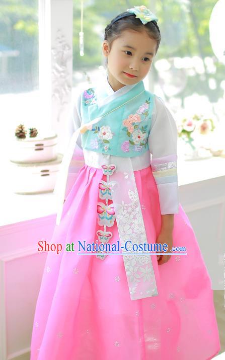 Korean National Handmade Formal Occasions Embroidered Blue Blouse and Pink Dress Hanbok Costume for Kids