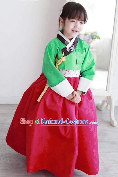 Korean National Handmade Formal Occasions Embroidered Green Blouse and Red Dress Hanbok Costume for Kids