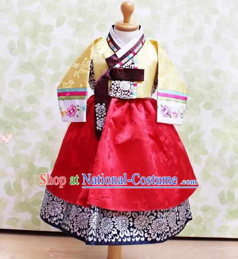 Korean National Handmade Formal Occasions Embroidered Yellow Blouse and Red Dress Hanbok Costume for Kids